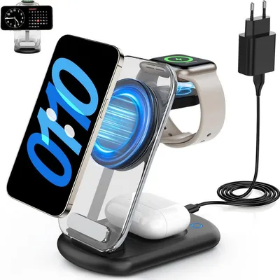 Futicare 3 in 1 Induktive Ladegerät, Wireless Charger Ladestation Wireless Charger (Induktions-Ladegerät, Magnetisches faltbares kabelloses Ladegerät mit Nachtlicht, für iPhone 12 bis 17, Apple Watch & AirPods)