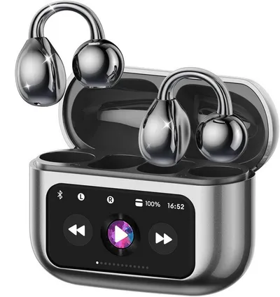 Futicare Bluetooth 5.4 Clip-On Kopfhörer mit LCD-Touchcase, Open-Ear-Kopfhörer (leichte Ohrclip-Kopfhörer, mit 14,2-mm-Treiber, ENC & 60 Std. Laufzeit)
