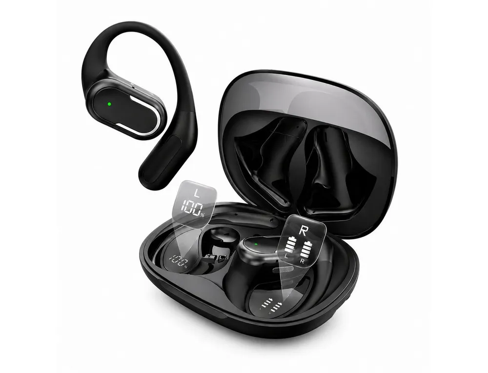 Futicare Bluetooth 6.0 Sportkopfhörer mit Ohrbügel, für Radfahren & Training, Open-Ear-Kopfhörer (kabellose Kopfhörer mit 16,2-mm-Treiber,IPX7,Dual-Mikrofon,60 Std.Akku)