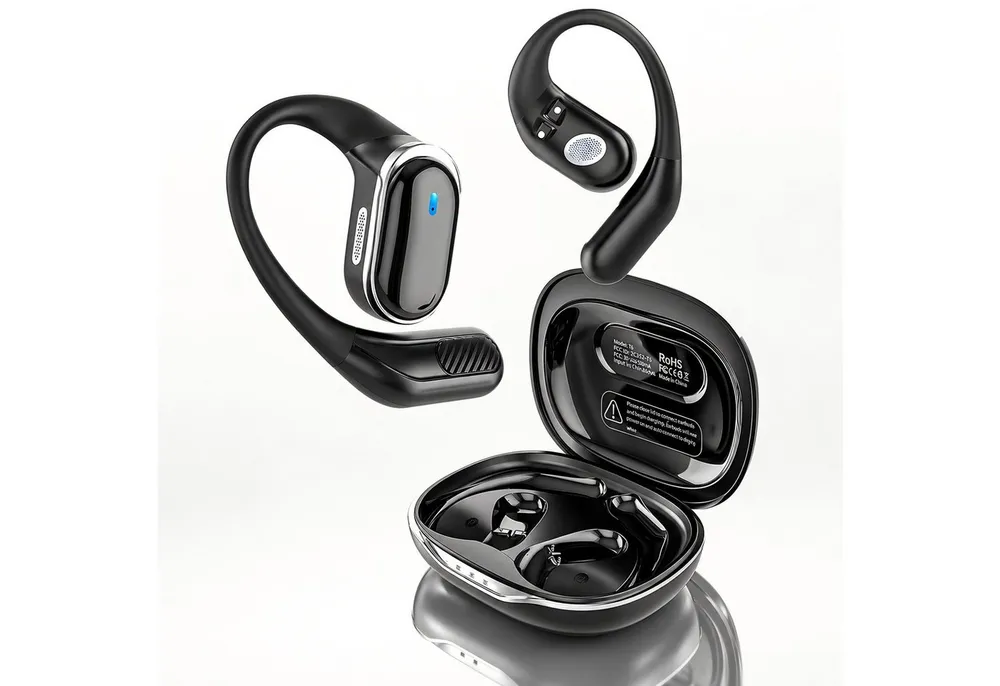 Futicare Bluetooth Kopfhörer für Laufen & Radfahren, kabellose Sport Kopfhörer Open-Ear-Kopfhörer (mit Ohrbügel, 16,2 mm Treiber, IPX7 wasserdicht, mit Ohrbügel, 16,2 mm Treiber, IPX7, 60 Std,Dual Mikrofon für Fitness)