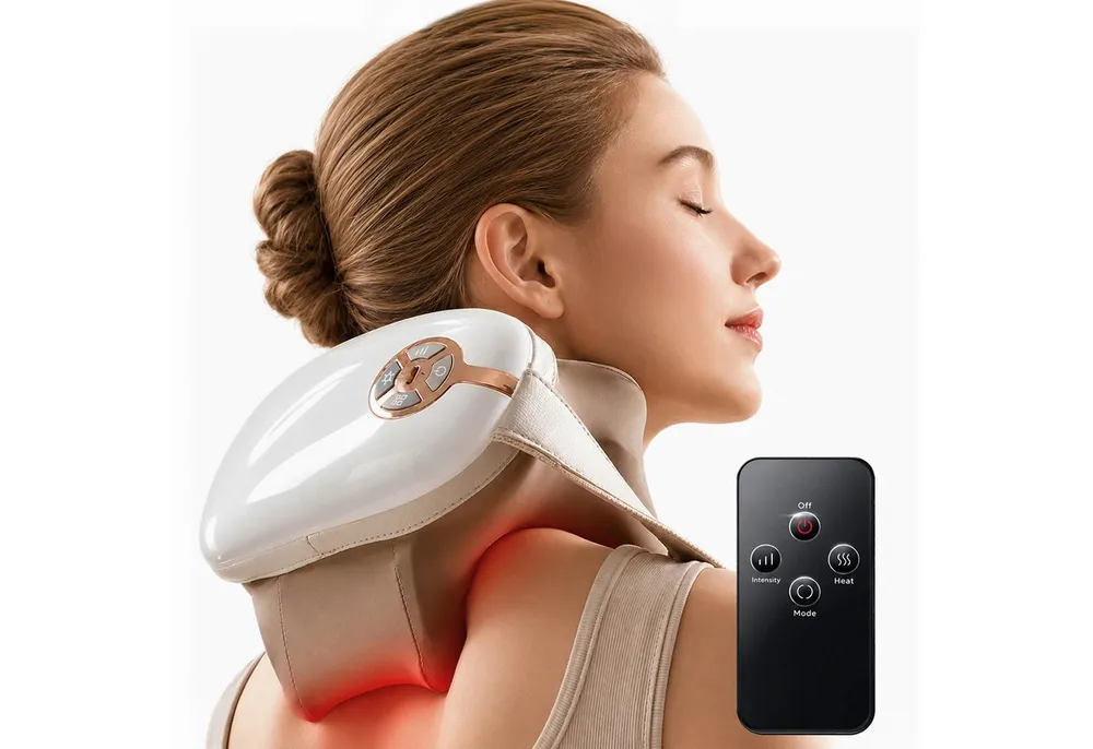 Futicare Nacken-Massagegerät mit Fernbedienung und Wärmefunktion, 6D, 4 Massageköpfe, 4 Modi, 3 Intensitäten, zur Entspannung bei Verspannungen an Nacken, Rücken und Schultern