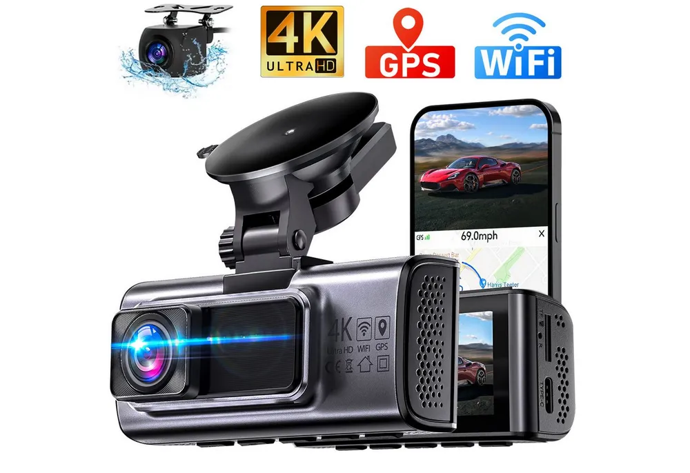 Fyrove Dashcam Auto,2-Kanal 4K+1080P Autokamera,Mit GPS 3.16 Zoll-Bildschirm Dashcam (WLAN (Wi-Fi), Zeitrafermodus, App-Steuerung Autokamera,140°Ultraweitwinkel, Super Nachtsicht, Autokamera,G-Sensor, Loop-Aufnahme,WDR)