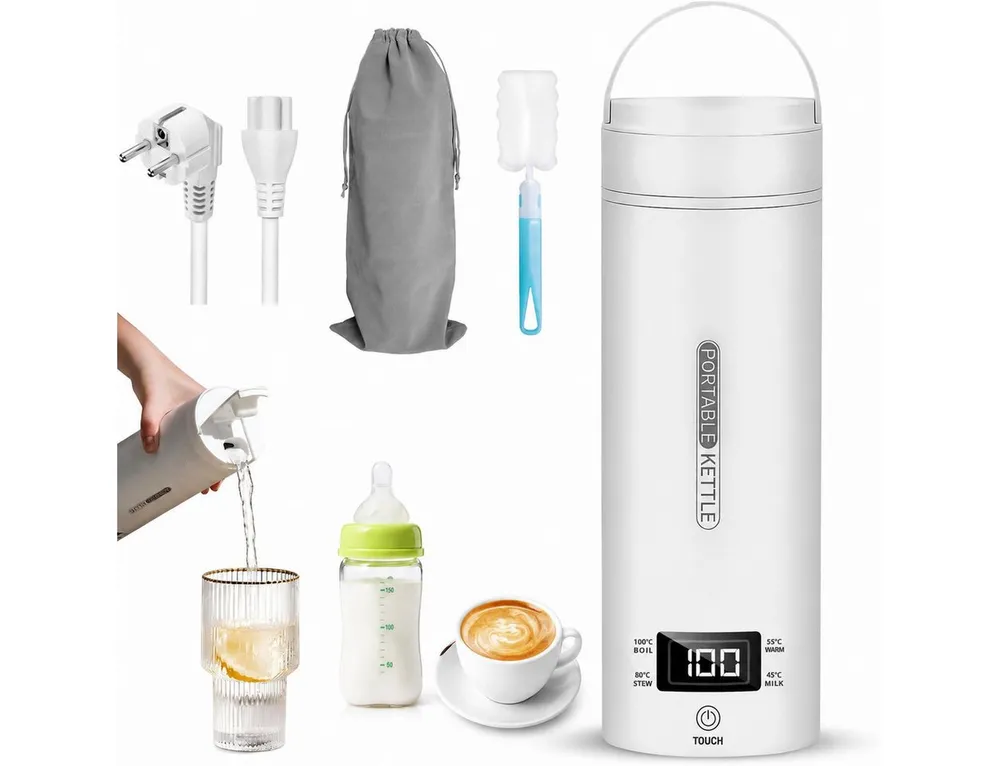Fyrove Reise-Wasserkocher 500ml aus Edelstahl mit Temperaturanzeige,Tragbarer Wasserkocher, 300 W, Tragbarer Wasserkocher,für Büro, Camping und Reisen