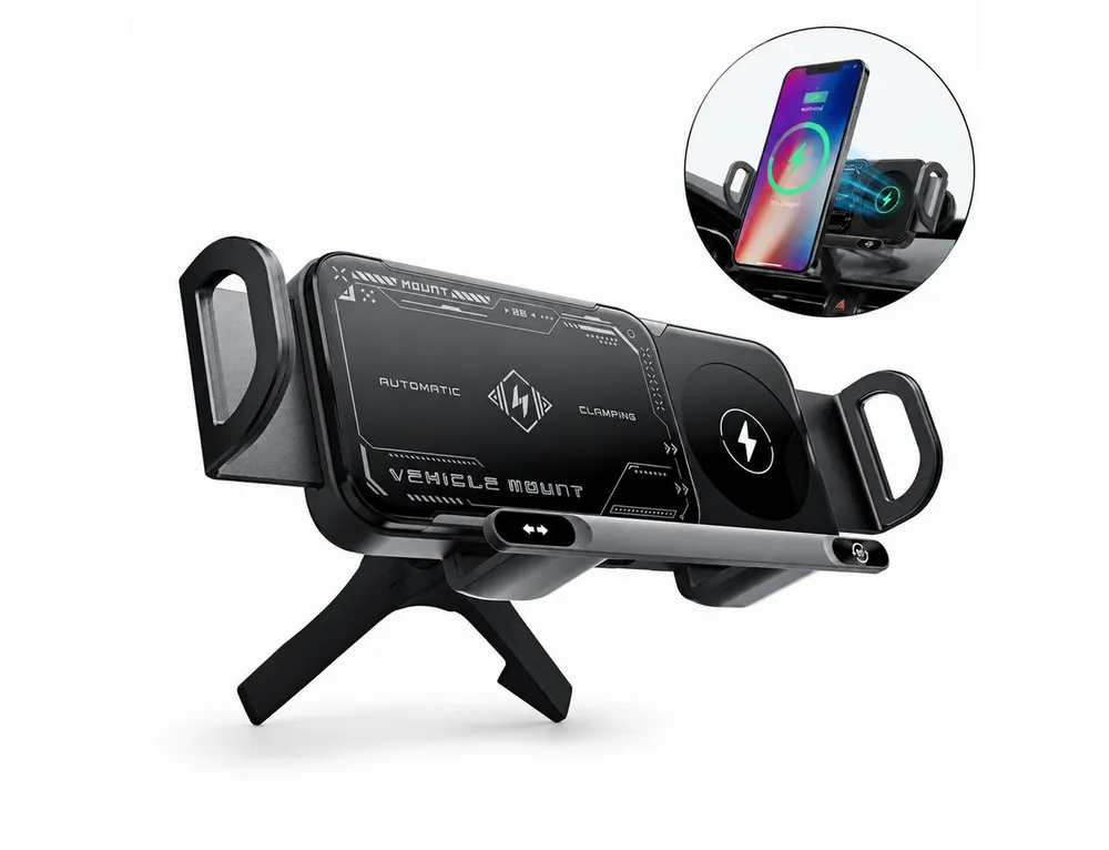 Fyrove Smartphone-Halterung Magnetische Auto Handyhalterung mit 15W Wireless Ladegerät Drehbar, (Intelligente Smartphone-Halterung mit Dual-Coil Induktion, 360° Rotation und automatischer Klemmfunktion, für unterwegs One-Touch Bedienung und faltbarem Design)