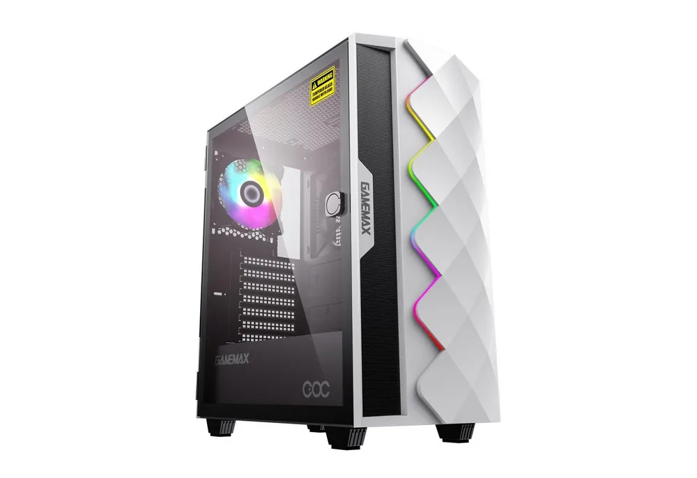 GAMEMAX Gaming-Gehäuse Diamond COC WT Midi-Tower USB3.0*1+1xUSB2.0, (gehärtetes Glas), HD-Audio, ATX inkl. 14cm Turbo COC Lüfter, weiß