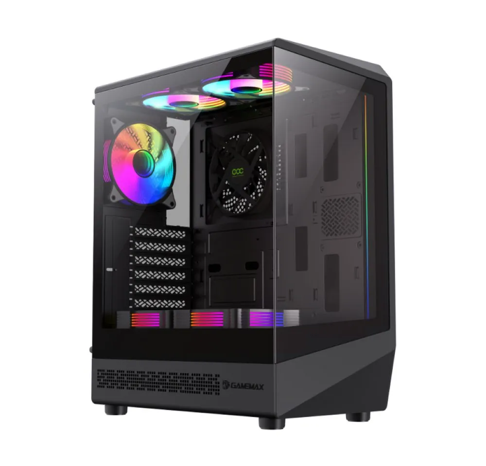 GAMEMAX Gaming-Gehäuse Vista COC AB, Midi-Tower, USB/Audio, ATX, 1x USB2.0, 1x USB3.0, 1x USB-C, inkl. 5x 12cm ARGB Lüfter, schwarz
