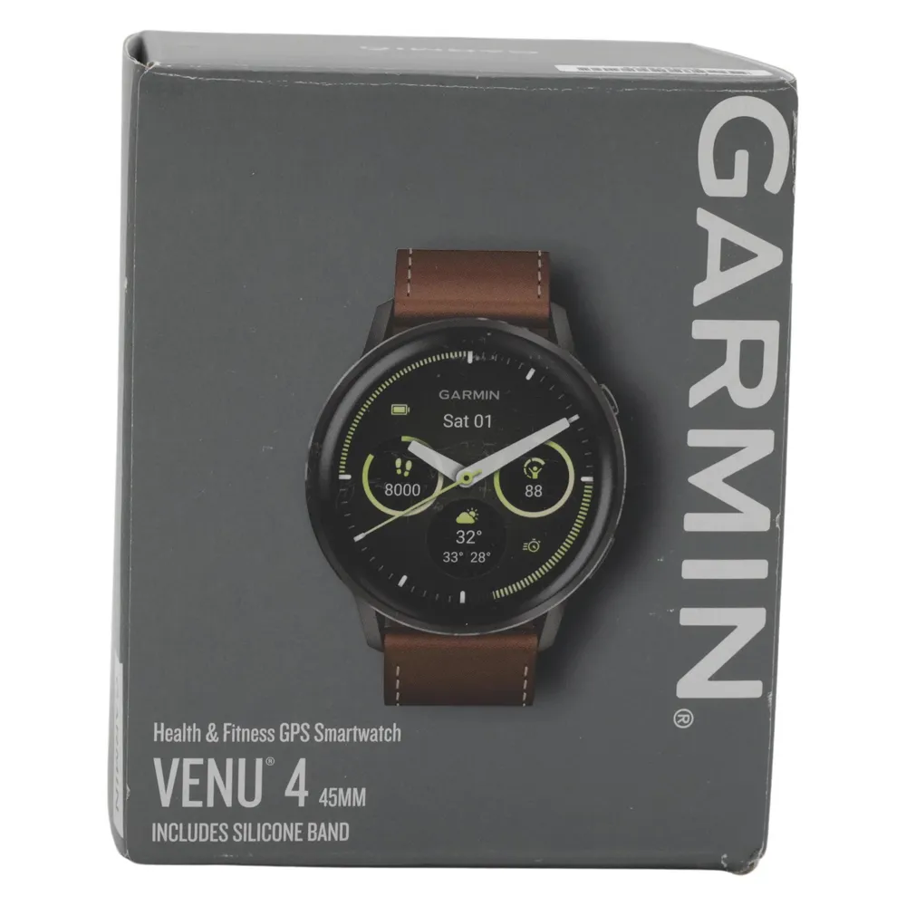 Garmin Venu 4 Bluetooth GPS 45mm AMOLED Schwarz Braunes Lederarmband L 5ATM SpO2