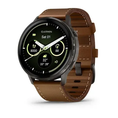Garmin Venu 4 Bluetooth GPS 45mm AMOLED Schwarz Braunes Lederarmband L 5ATM SpO2