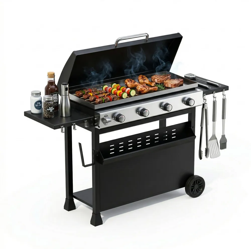GarveeMore Standgrill Gasgrill 4 Brenner 32000 BTU mit Deckel, BBQ Grillwagen, mit Seitenablagen und Rädern