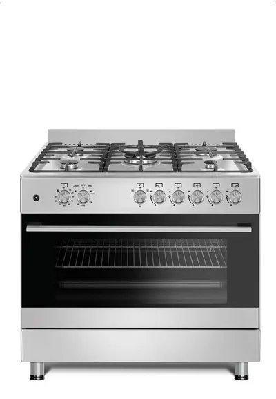 Gasline Gas-Standherd mit Gasbackofen GAG90GOINX, mit 1-fach-Teleskopauszug, 90 cm breit mit WOK Brenner und Drehspieß