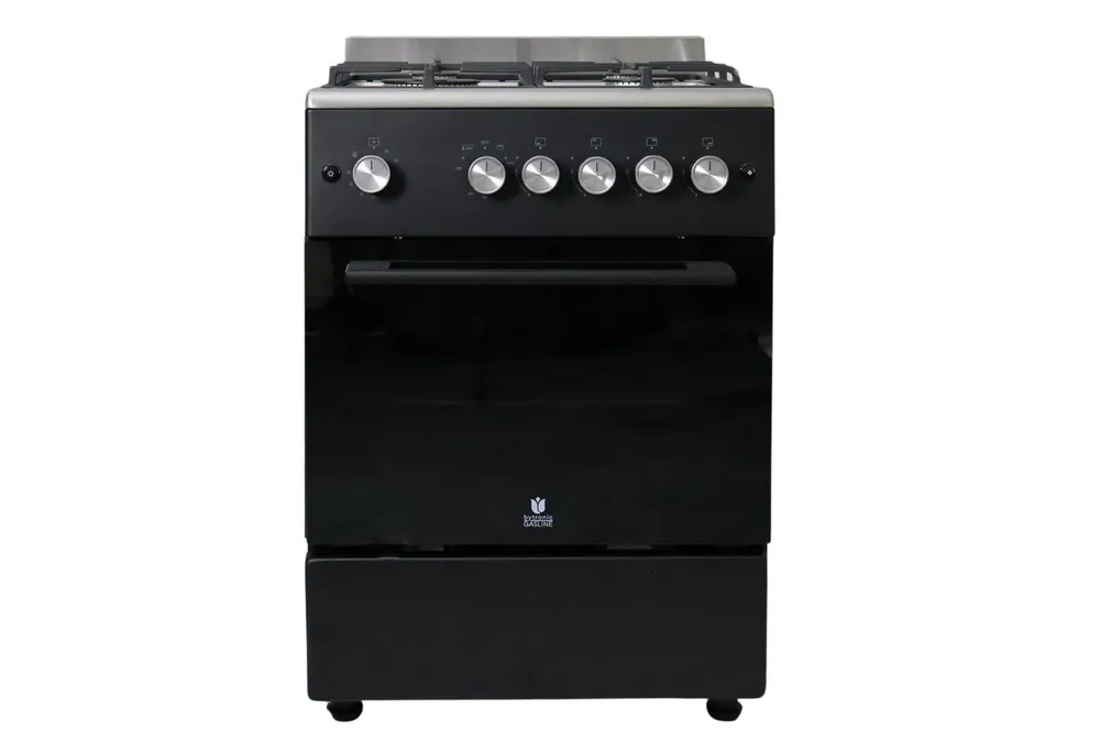 Gasline Gas-Standherd mit Gasbackofen mit Thermostat, 60cm breit SHGG6060FGWB, mit Grill, Umluft & Beleuchtung, Schwarz/Edelstahl, Zündsicherung, elektrische Zündung, Erdgas Propangas