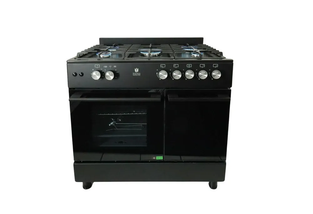 Gasline Gas-Standherd mit Gasbackofen und Flaschenschrank GAG90GOXFLB, mit 1-fach-Teleskopauszug, Elektrische Zündung, Zündsicherung, 90 cm breit mit WOK Brenner, Regler (50mbar)+Gasschlauch
