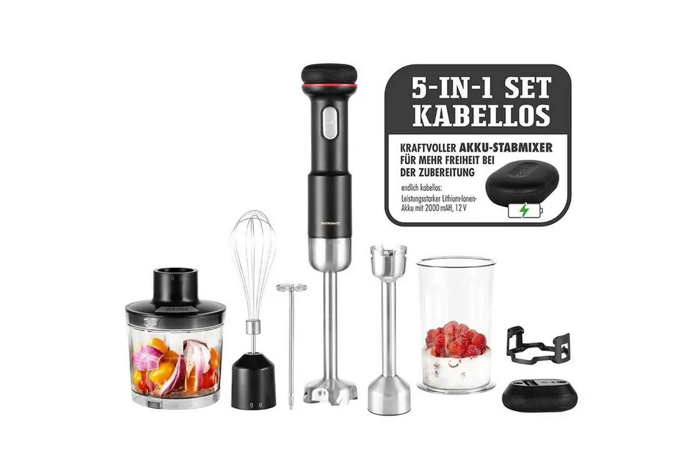 Gastroback Handmixer 40982 Design Stabmixer-Set 5 in 1 kabellos, Kraftvoller Akku-Stabmixer, Mit Topfschutz, Stabmixer-Set 5 in 1