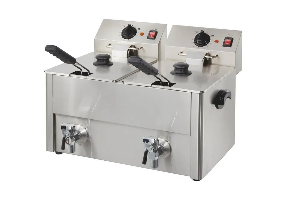 GastroHero Fritteuse Doppel Fritteuse ECO 10+10 Liter mit Ablasshahn Edelstahl, 3250 W