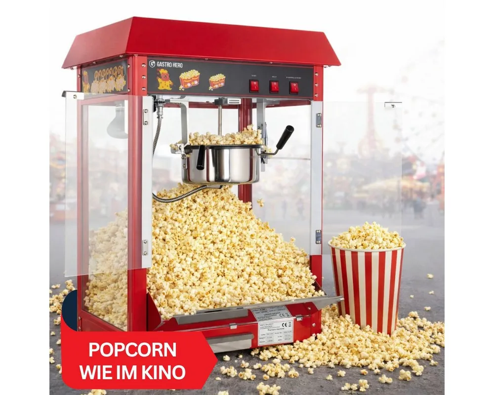 GastroHero Popcornmaschine Popcorn Maker 5 kg/h - Gastro - Party - Event, Popcornautomat, schwenkbarer Kessel, 3 Min. pro Portion