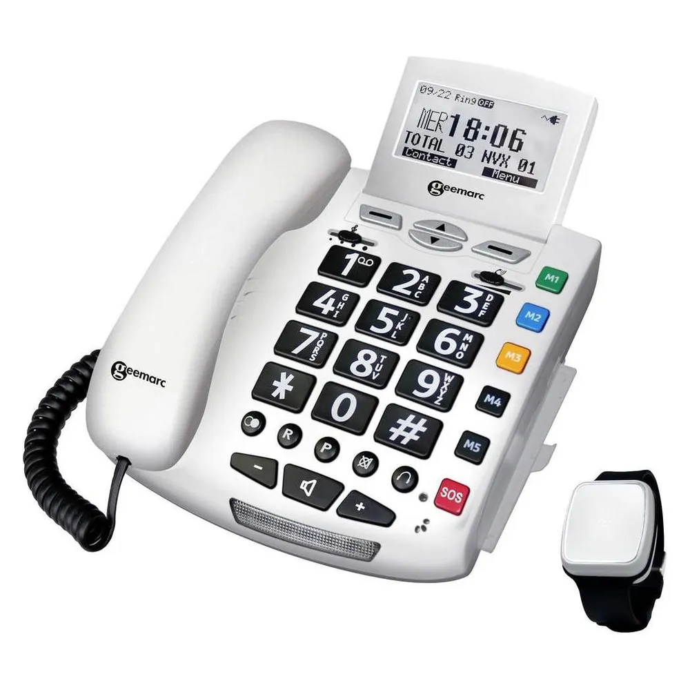 Geemarc Pack SERENTIES Schnurgebundenes Seniorentelefon Fallband-Sensor Beleuchtetes Display Weiss