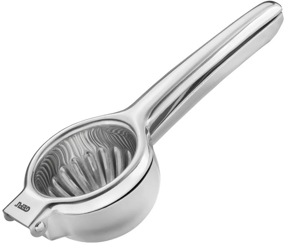 GEFU Zitruspresse LEMON, effizientes Hebelprinzip, tropffreier Ausguss, Edelstahl