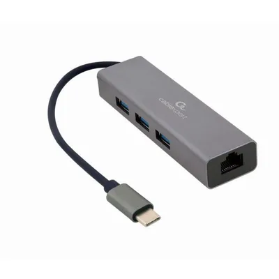 Adapter Gembird A-CMU3-LAN-01 USB-C 3xUSB 3.0 Gigabit Metall Grau