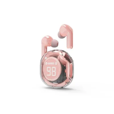TWS In-Ear Kopfhörer Transparent Rosa bis 6 Std. Wiedergabe, LCD Akkuanzeige, Bluetooth 5.4