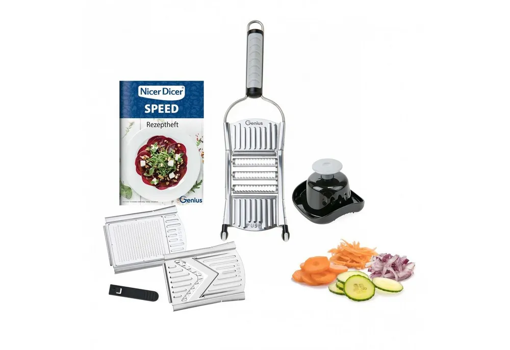 Genius Gemüseschneider Multi Zerkleiner Nicer Dicer Speed, Set 7-tlg., grau-schwarz, Gemüsehobel Mandoline für Tomaten Gurken mit Rezept