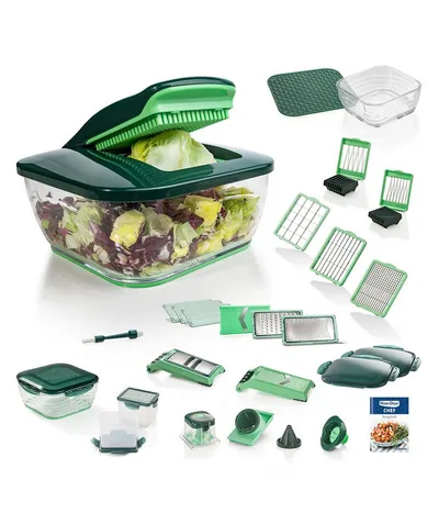 Genius Gemüseschneider Nicer Dicer Chef 34 Teile, Glasschüssel 2.8l, 13 Einsätzen, Würfel, Stifte, Streifen, Scheiben