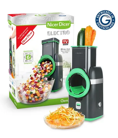 Genius Gemüseschneider Nicer Dicer Electro, 25 tlg, Gemüsehobel elektrisch, 6 Einsätze, 80 W, Extra-scharfe G-NOX Edelstahlklingen, einfache Reinigung, kompakt
