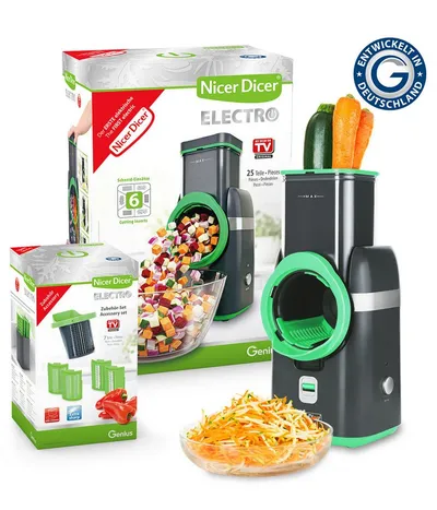 Genius Gemüseschneider Nicer Dicer Electro Deluxe 32 tlg, Gemüsehobel elektrisch, 9 Einsätze, 80 W, Extra-scharfe G-NOX Edelstahlklingen, einfache Reinigung, kompakt
