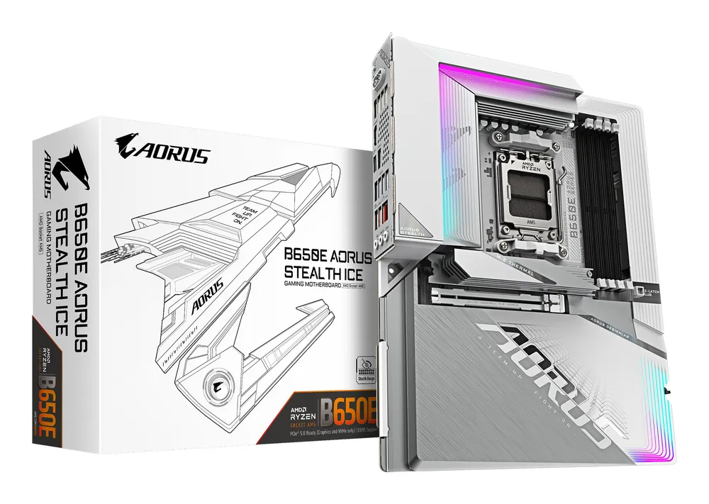 Mainboard GIGABYTE B650E AM5 ATX B650E AORUS STEALTH ICE PCIe 5.0 DDR5 8000MHz Wi-Fi 7 LAN 2,5 GbE RAID