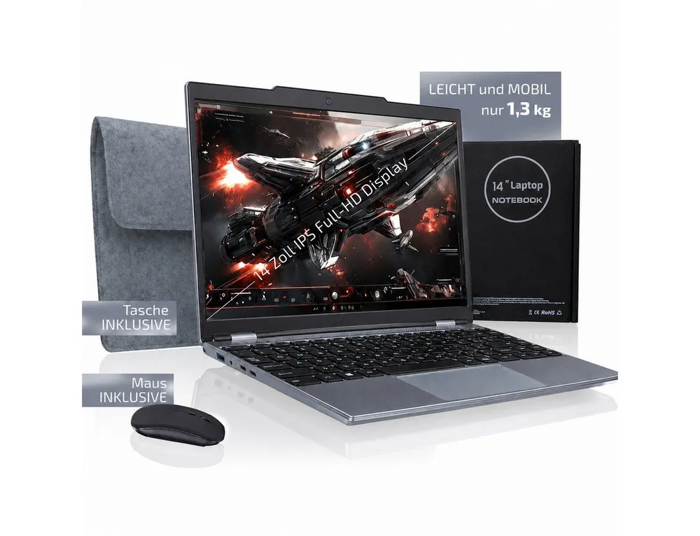 Goldstern-Tech AirLite Notebook (35,56 cm/14 Zoll, AMD AMD A9-9400, AMD Radeon R5 Serie, 512 GB SSD, Ultraleichter Laptop mit Windows 11 Pro und langer Akkulaufzeit)