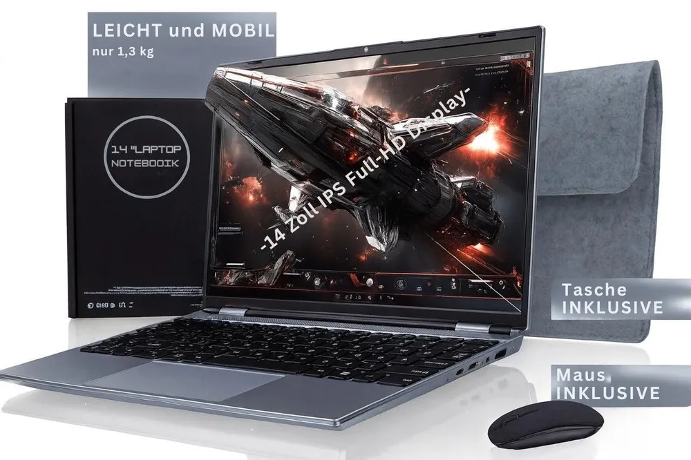 Goldstern-Tech Notebook (35,56 cm/14 Zoll, AMD AMD A9-9400, AMD Radeon R5 Serie, 8 GB, 512 GB SSD, Ultraleichter Laptop mit Windows 11 Pro und hoher Akkuausdauer)