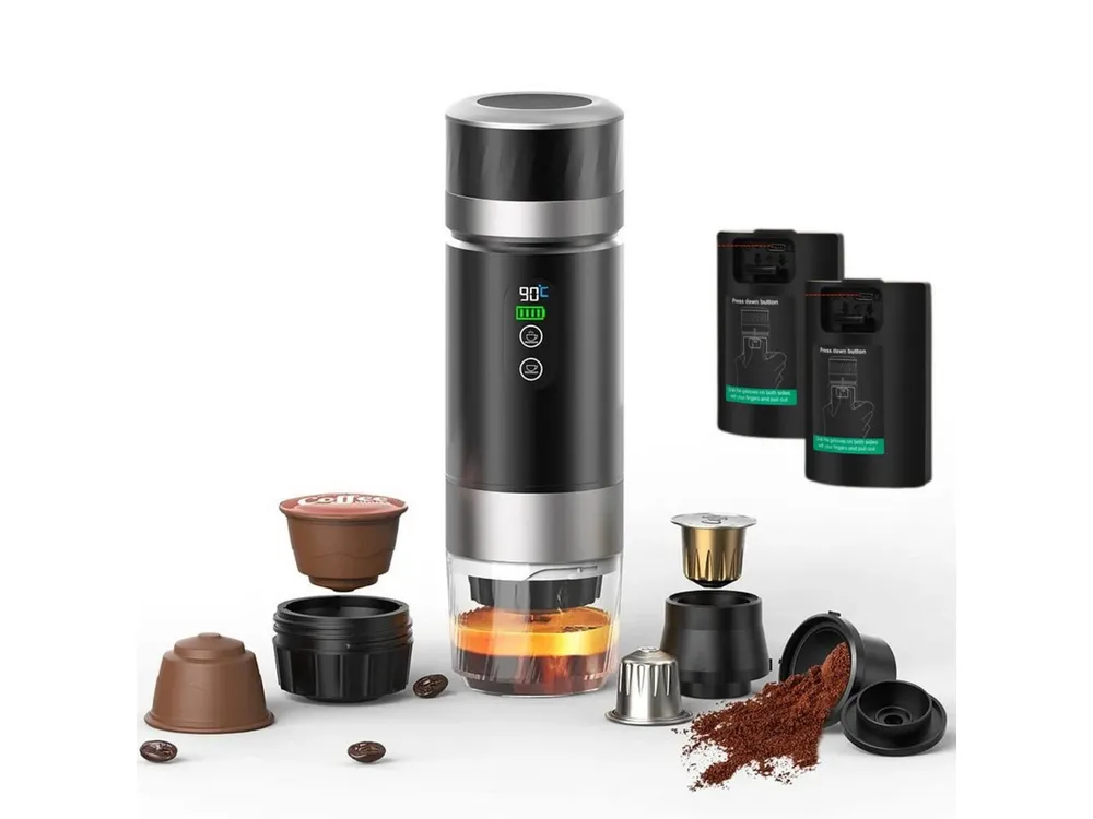 Goldstern-Tech Reisekaffeemaschine Espresso To Go – 20 Bar, 0.15l Kaffeekanne, Kapselsystem & Pulverfilter (wiederverwendbar), 3-in-1 Espressomaschine mit 2 austauschbaren Akkus