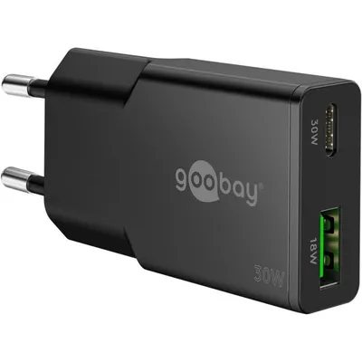Dual USB-C und USB-A 30W GaN Ladegerät Schwarz Goobay
