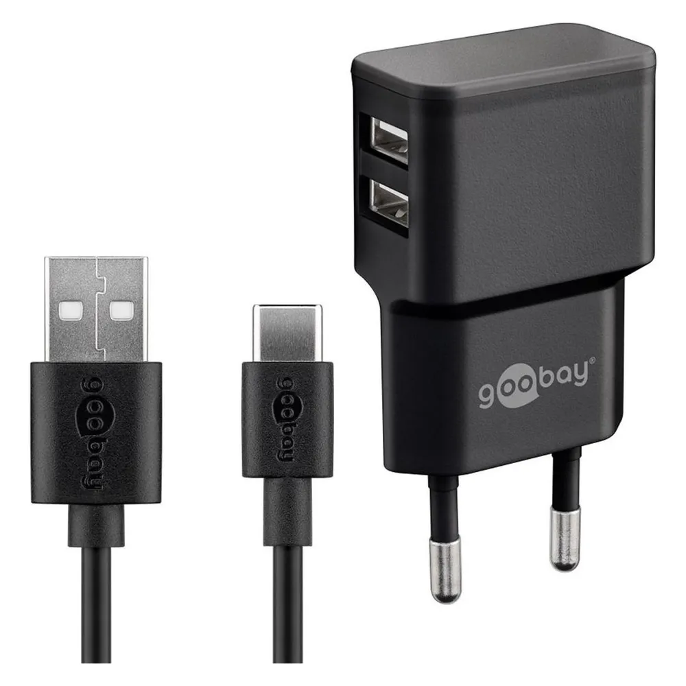 Goobay Dual Ladeset 2,4 A, Netzteil mit 2x USB-Ausgang inklusive USB-Ladekabel, schwarz (12 W, 2 Ports)