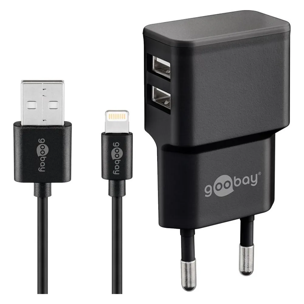 Goobay Dual Ladeset 2,4 A, Netzteil mit 2x USB-Ausgang inklusive USB-Ladekabel, schwarz (12 W, 2 Ports)