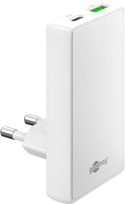 GOOBAY Dual-Schnellladegerät, 45W, 1x USB-C, 1x USB-A, 90° abgewickelt, flach, weiß