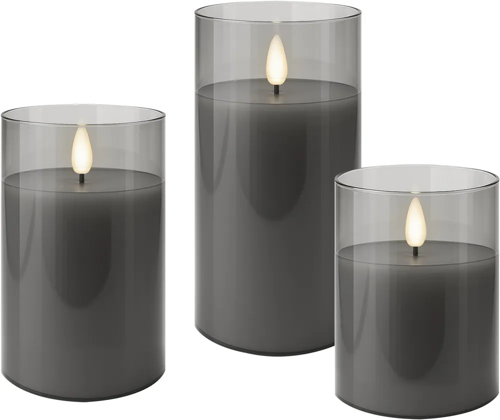 GOOBAY LED-Echtwachskerze, Glas, Timerfunktion, 3 Stück, warmweiß, grau