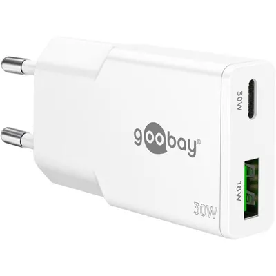 Ladegerät Goobay Dual USB-C und USB-A 30W GaN Weiß