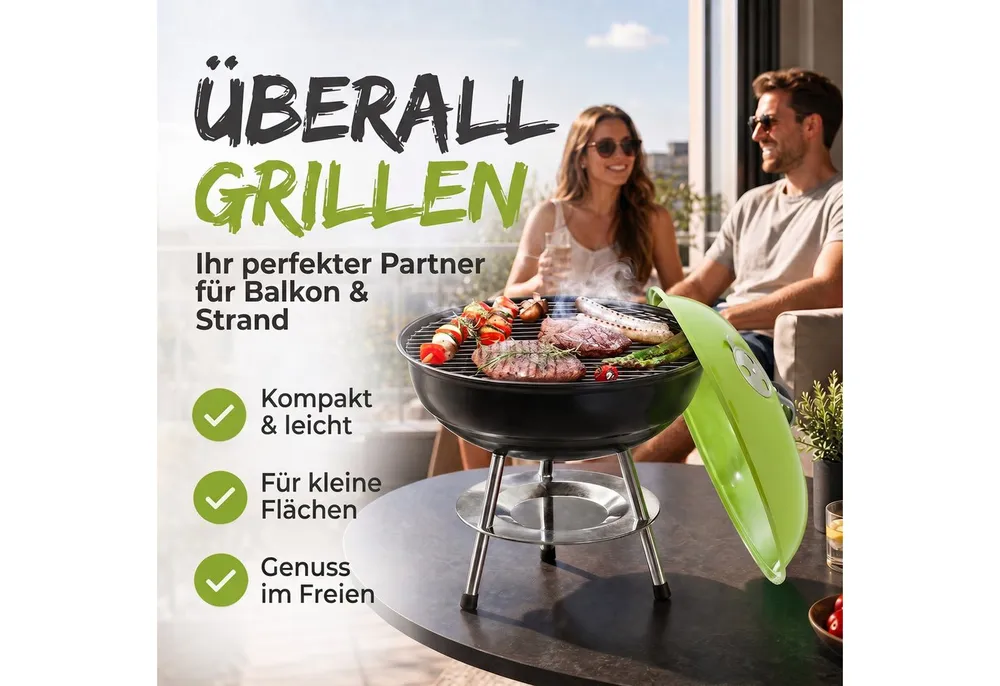 Goods+Gadgets Standgrill GOODS+GADGETS Mini Kugelgrill Campinggrill - Holzkohle BBQ Edelstahl, Camping Holzkohle-Grill Tischgrill