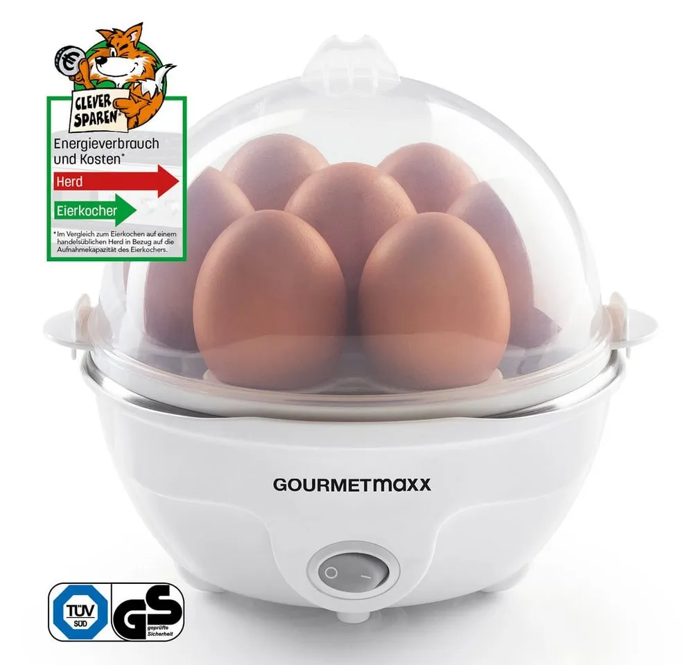 GOURMETmaxx Eierkocher Eierkocher Für 7 Frühstückseier, 350 W, Eierkocher einfach ohne Herd, regulierbarer Härtegrad durch Wasser