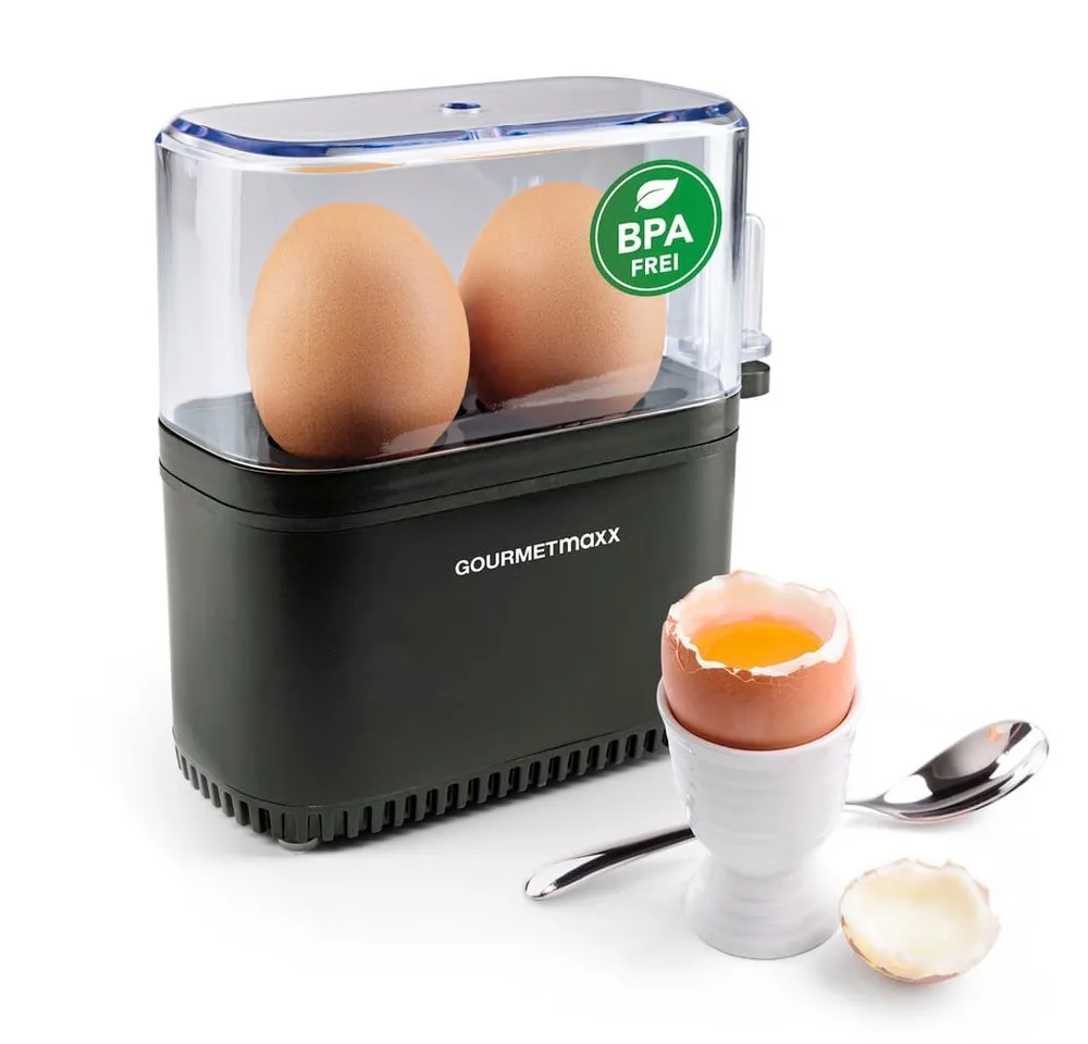 GOURMETmaxx Eierkocher GOURMETmaxx Design-Eierkocher für 2 Frühstückseier, 250 W, für perfekte Frühstückseier, mit Messbecher & Ei-Pick