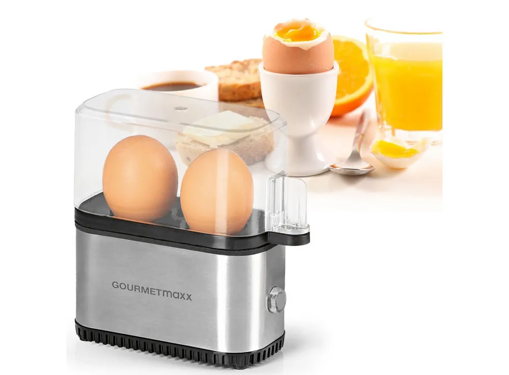 GOURMETmaxx Eierkocher Mini-Eierkocher für 2 Eier 250 W Messbecher & Eipick Silber/Schwarz, 2-Eier-Kocher mit Messbecher, Eipikser & Zufallsfarbauswahl