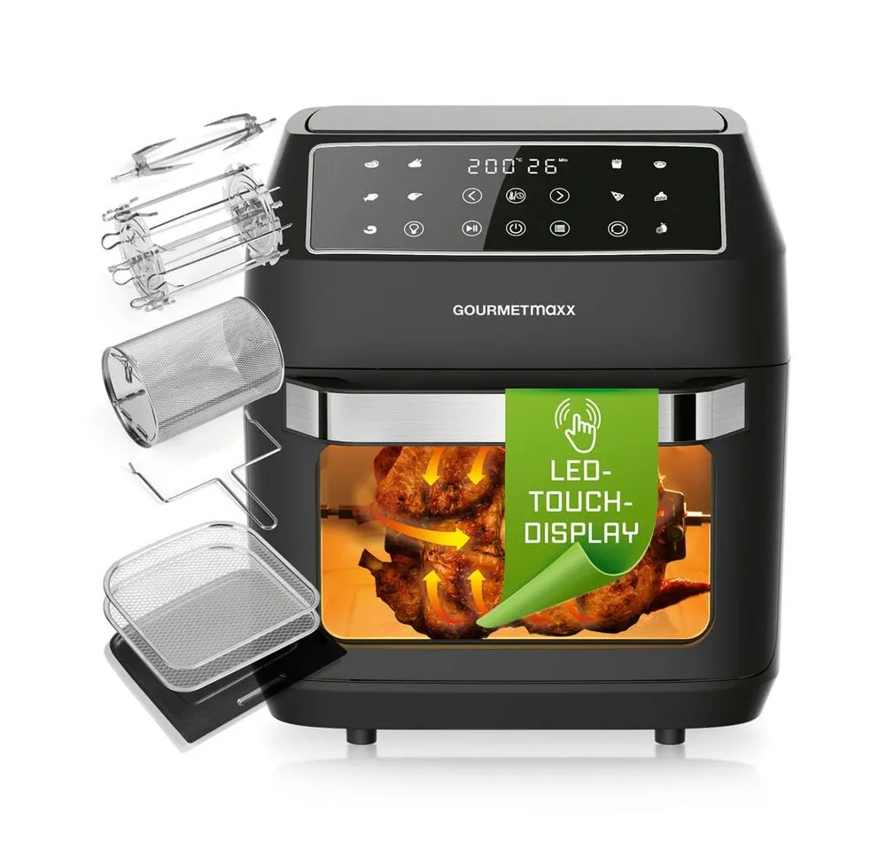 GOURMETmaxx Heißluftfritteuse 12 L Airfryer, Fritteuse mit 9 Funktionen, Touchdisplay, 1700 W, 10 Programme, Touchdisplay und Timer-Funktion, Inkl. Zubehörpaket