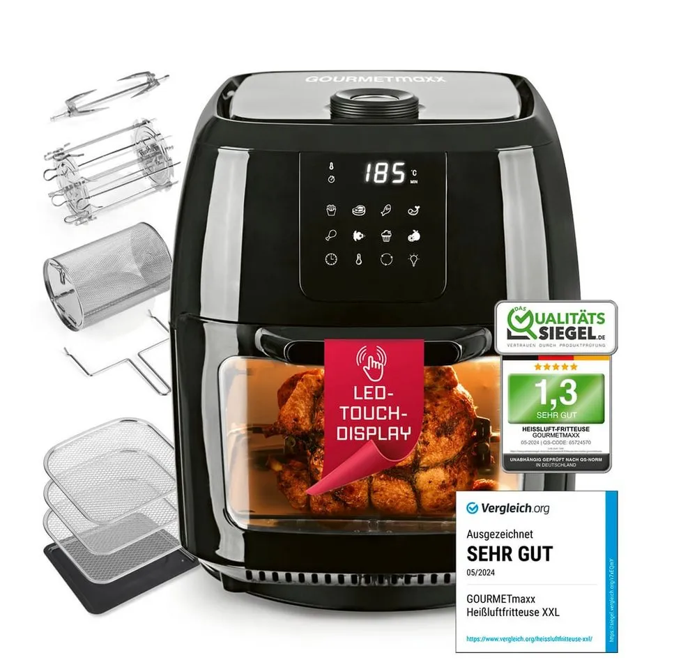 GOURMETmaxx Heißluftfritteuse 9 l Ofen - XXL-Zubehörset mit Drehspieß, 1800 W, fettarm frittieren knusprige Pommes, Hähnchen auftauen backen wärmen