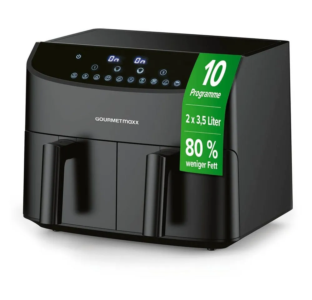 GOURMETmaxx Heißluftfritteuse Doppelkammer-Heißluftfritteuse 2x 3,5L, Airfryer, 2400 W, Pommes & Nuggets fettarm zubereiten 2400 Watt 9 Funktionen bis 230°