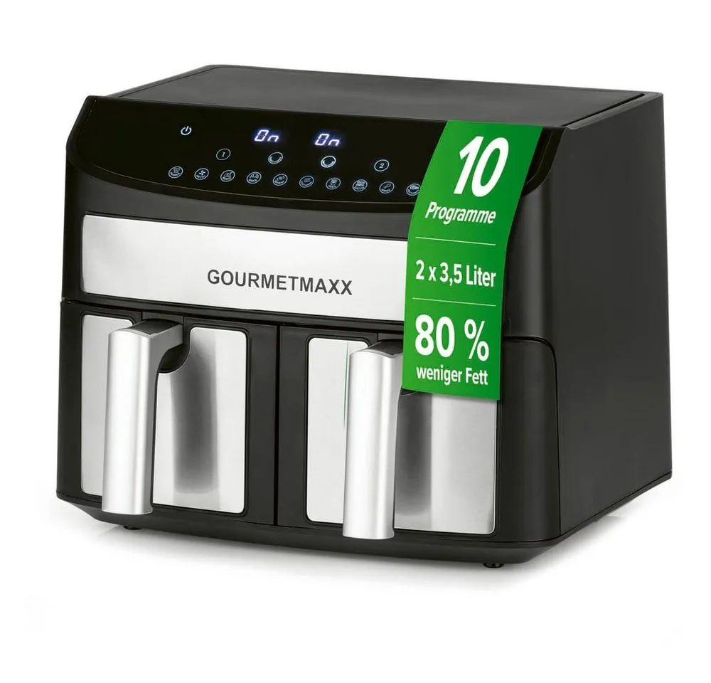 GOURMETmaxx Heißluftfritteuse Doppelkammer-Heißluftfritteuse 2x 3,5L - Edelstahl, 2400 W, Airfryer mit Synchro-Garzonen, Timerfunktion & Touchdisplay
