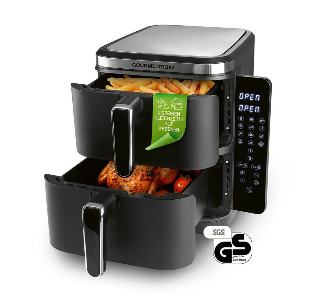 GOURMETmaxx Heißluftfritteuse FryUp Vertikaler Doppelkammer Airfryer 2x 5l, 2800 W, klappbares Touchdisplay, 32% platzsparender, Fassungsvermögen 10L