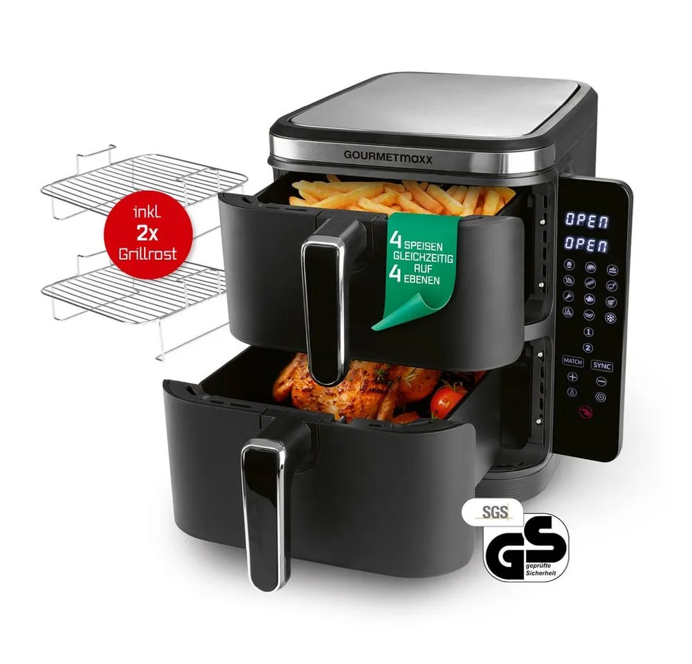 GOURMETmaxx Heißluftfritteuse FryUp Vertikaler Doppelkammer Airfryer 2x 5l, 2800 W, klappbares Touchdisplay, Fassungsvermögen 10 L, inkl. Grillrost