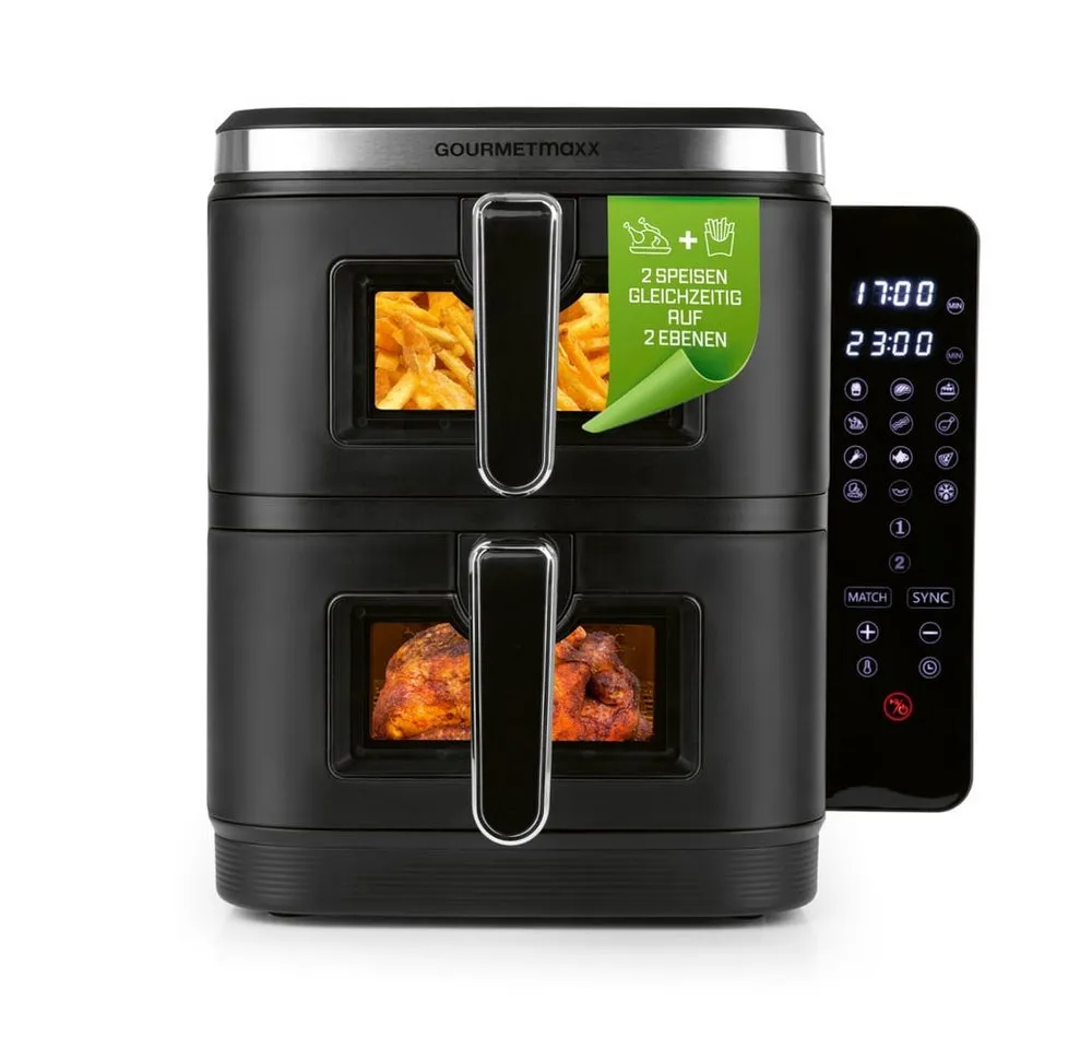 GOURMETmaxx Heißluftfritteuse FryUp Vertikale Doppelkammer-Heißluftfritteuse, 10 l - Touchscreen, Sichtfenster, 2800 W, Power von 2 Fritteusen in einem mit Sichtfenster 12 Programme