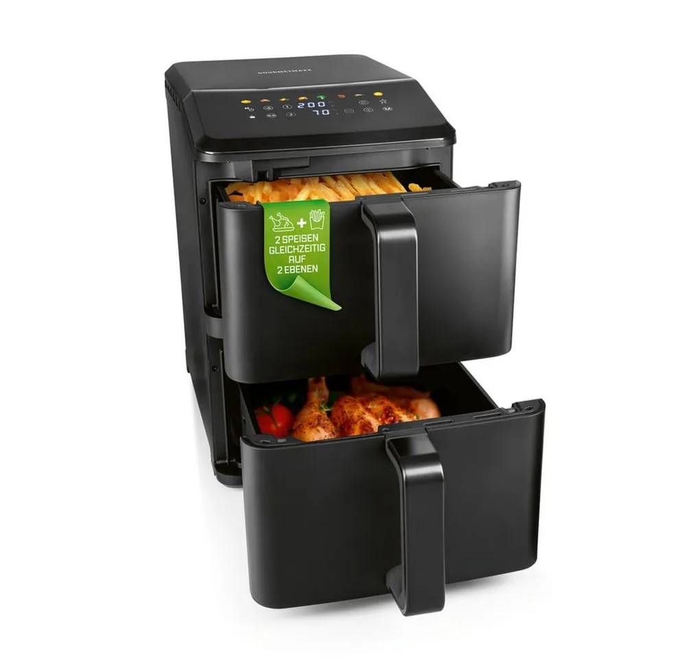 GOURMETmaxx Heißluftfritteuse Vertikale Doppelkammer-Heißluftfritteuse - 10 L - Multi-Colour LED-Touchdisplay, 2400 W, GOURMETmaxx FryUp Vertikale Doppelkammer-Heißluftfritteuse