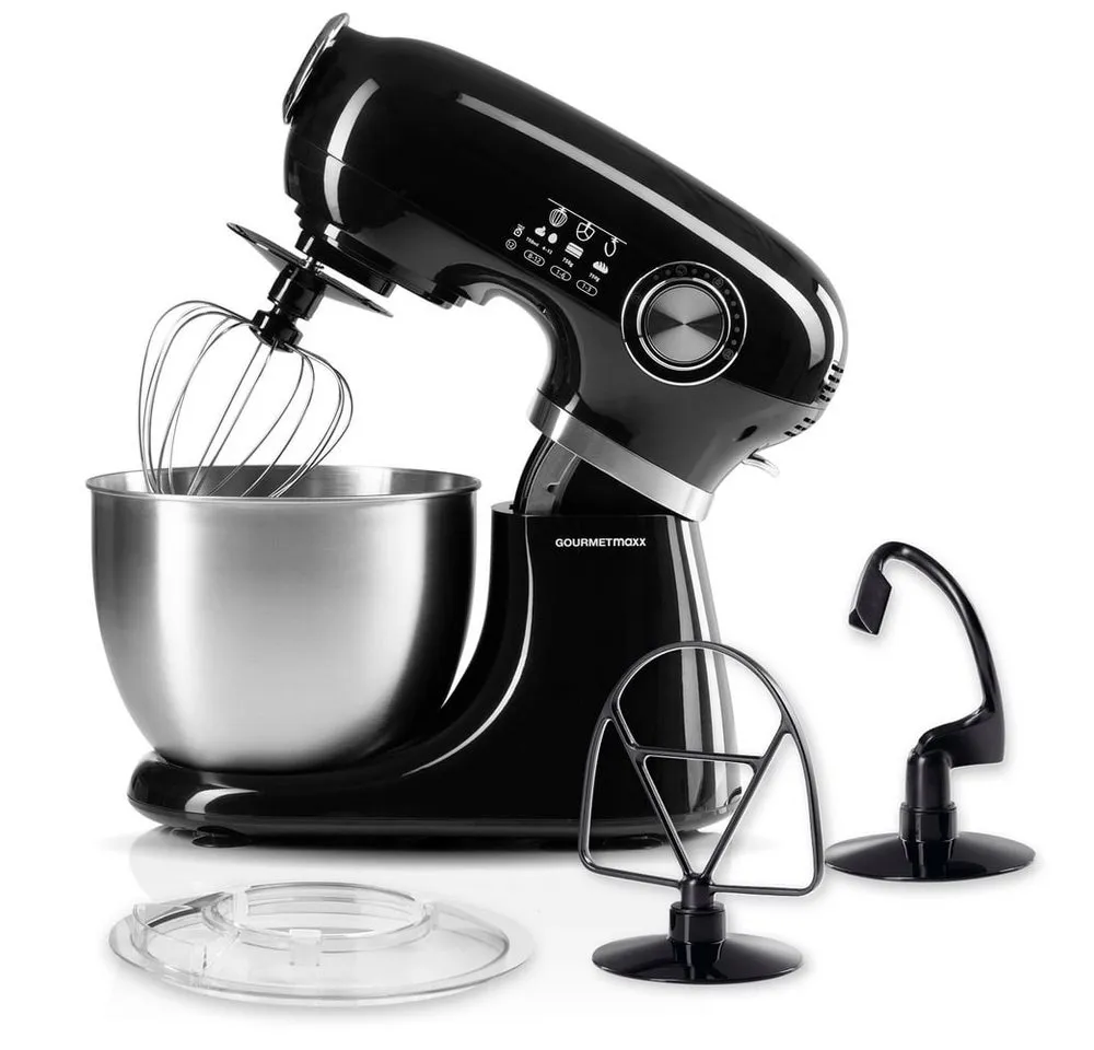 GOURMETmaxx Küchenmaschine GOURMETmaxx Küchenmaschine - Schwarz, 1000 W, inkl. Rührschüssel & Aufsätze leistungsstarker Mixer mit Schneebesen